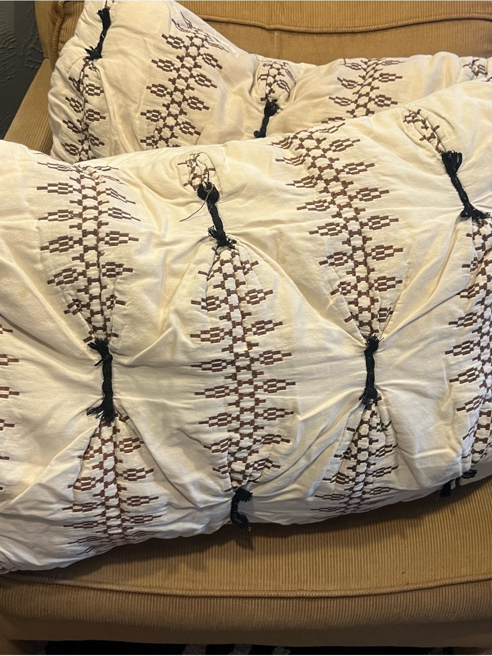 Anthropologie Cream Tufted Embroidered Comforter with Black Tassels